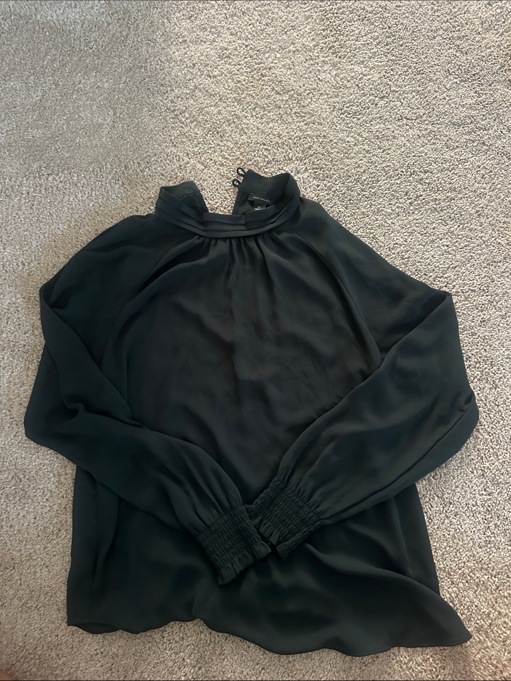 Ann Taylor Black Long-Sleeve Mock Neck Blouse with Smocked Cuffs